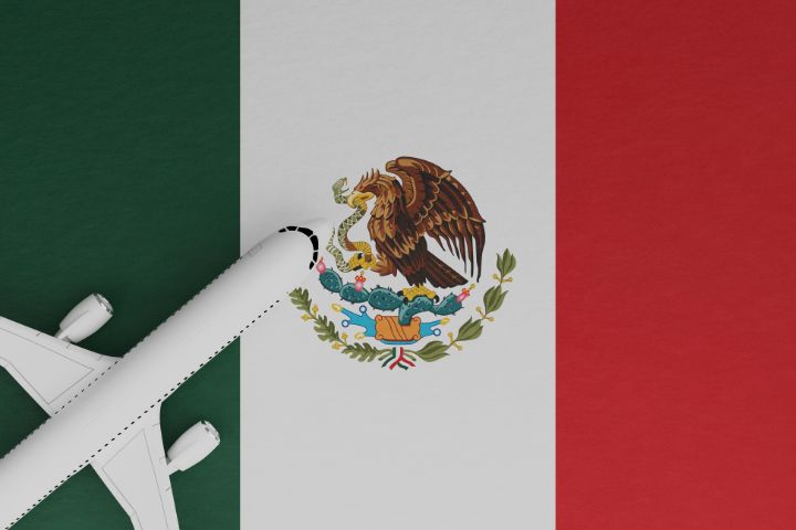 飛行機の模型が上に置かれたメキシコ国旗のイメージ
